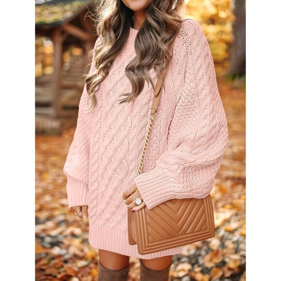 Women Oversized Cable Knit Sweater Pink Chunky Long Sleeve Fall Winter Outfit - Picture 3 of 7